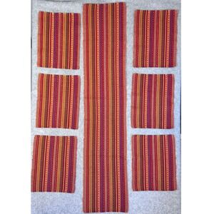 Bobby Flay Sangria Striped Cotton 6 Placemats & Large Table‎ Runner Red Orange